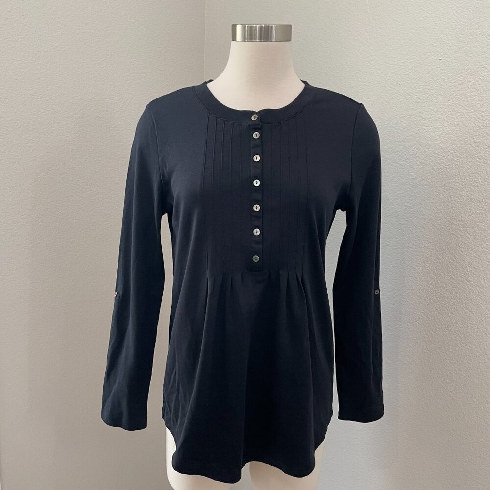 LL Bean Womens Small Black 100% Supima Cotton Henley Shirt Roll Tab Sleeve Top